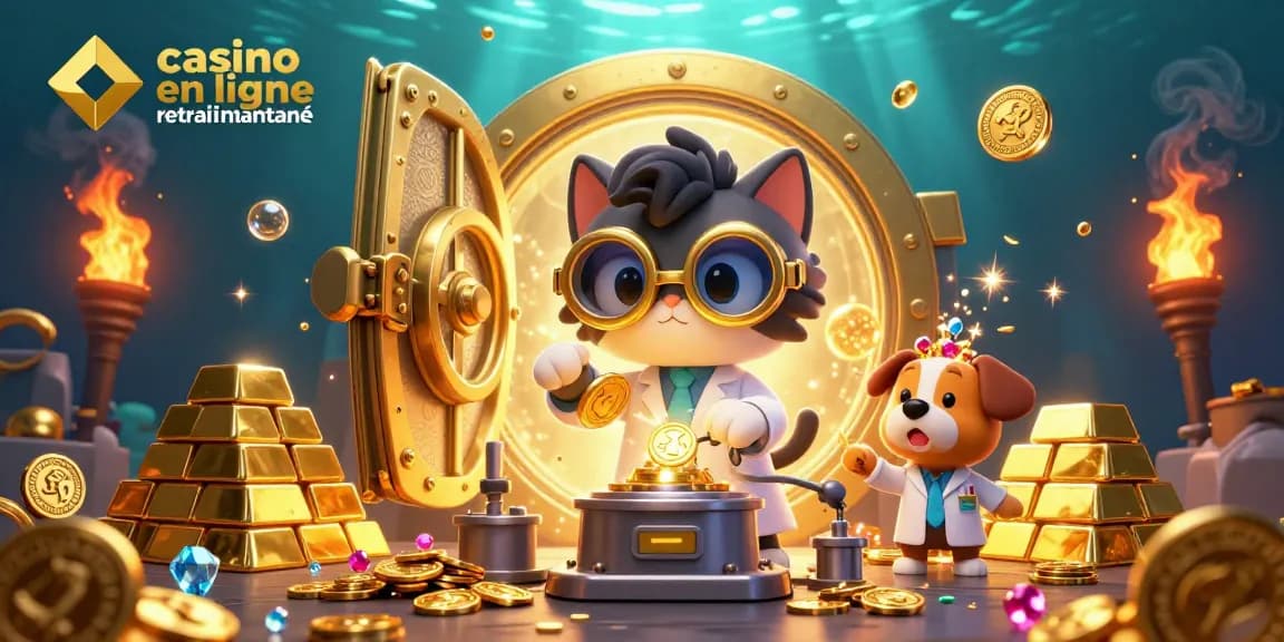Profitez de l'expérience de jeu avec casino en ligne retrait instantané, révélant une scène dynamique de gains avec des trésors d'or et des personnages captivants.