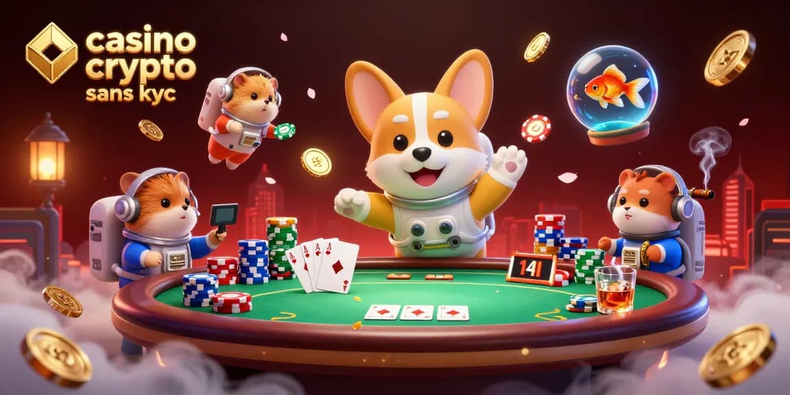 Jouez dans un casino crypto sans KYC avec un corgi à zéro gravité, des jetons de poker flottants et un hamster de contrôle de mission.