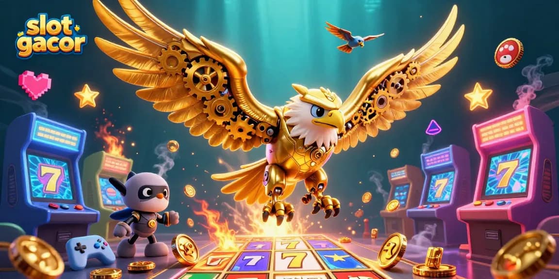 Experience slot gacor at its peak with a dynamic illustration showcasing a golden eagle amidst cascading slot reels and vibrant casino elements.