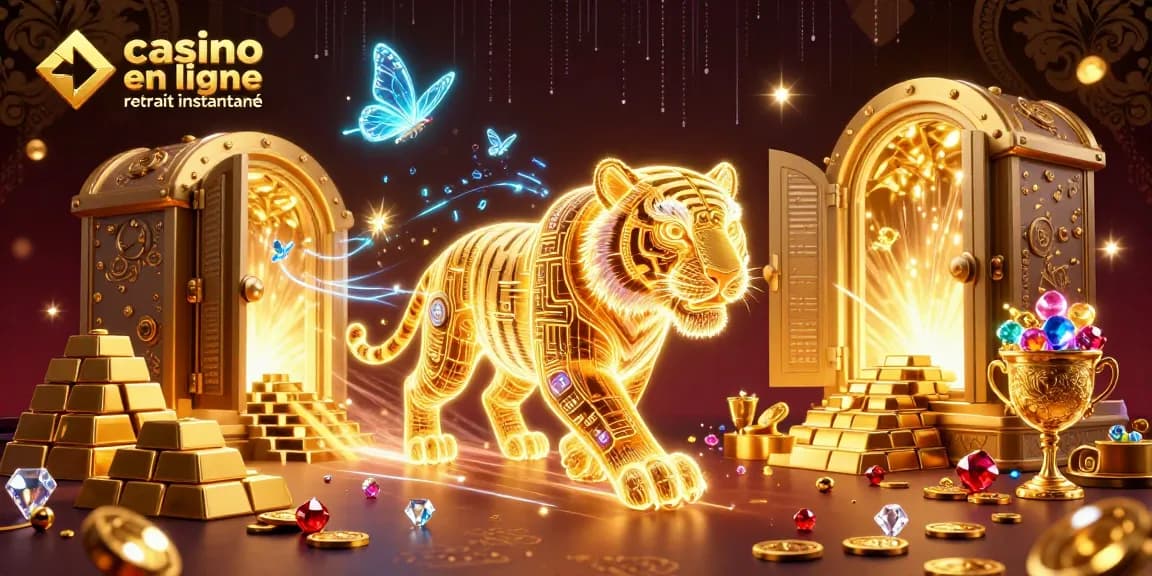 Découvrez des gains rapides au casino en ligne retrait instantané avec un tigre lumineux et une scène dynamique.