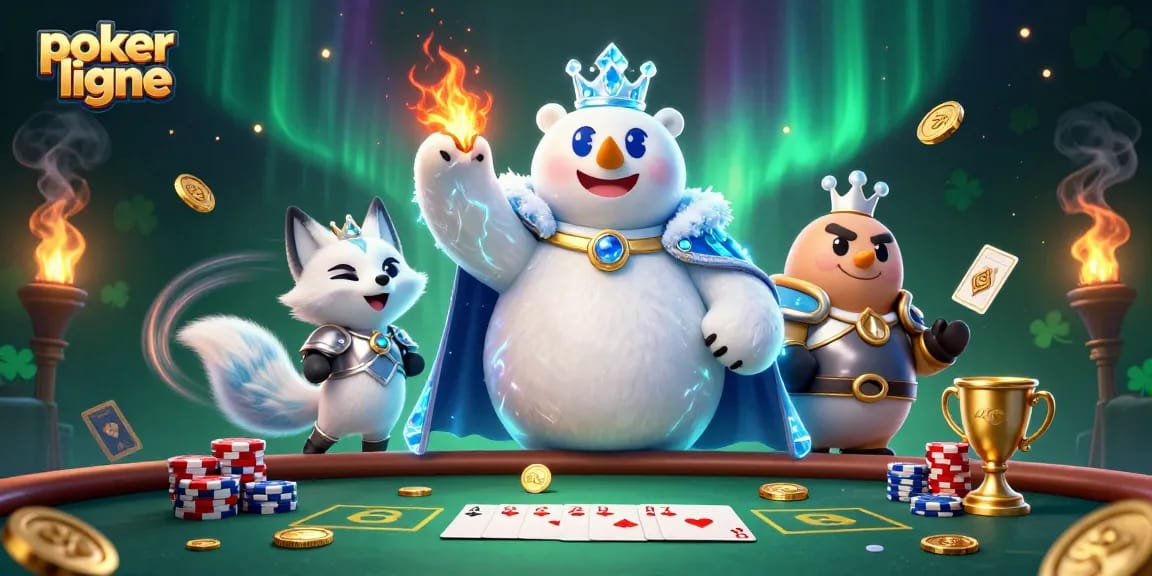 Participez à des parties de poker en ligne captivantes avec des personnages de la fantasy et une table pleine de jetons.