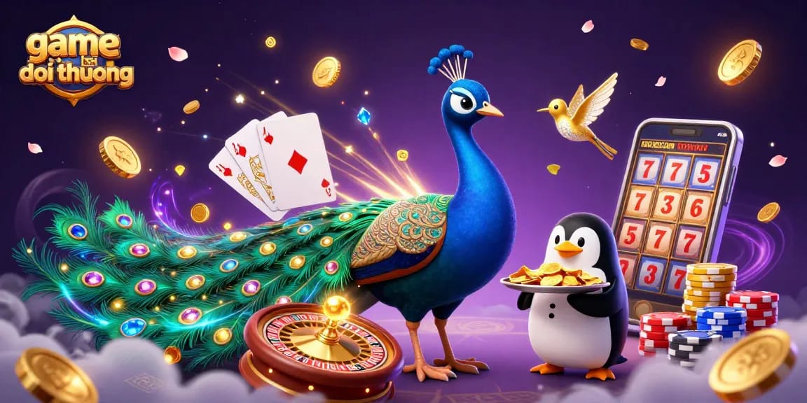 Engage in thrilling game bai doi thuong action with a striking peacock and dynamic casino elements.
