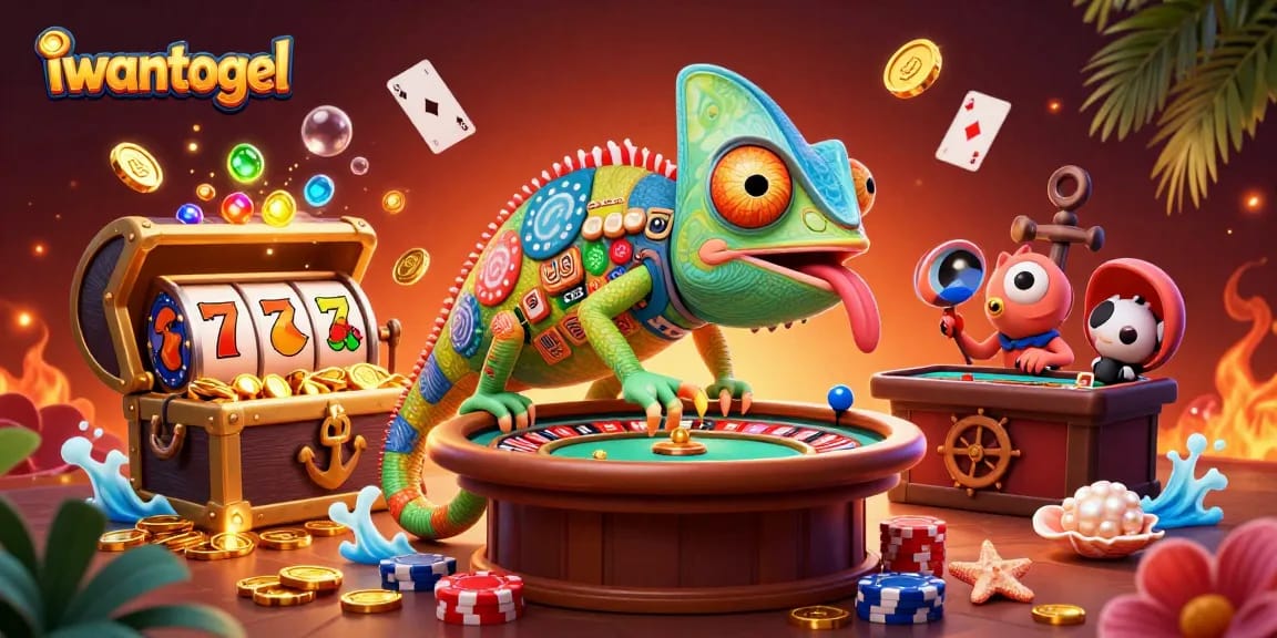 Iwantogel welcomes players to engage in thrilling lottery games with dynamic chameleon casino characters and vibrant 3D elements.
