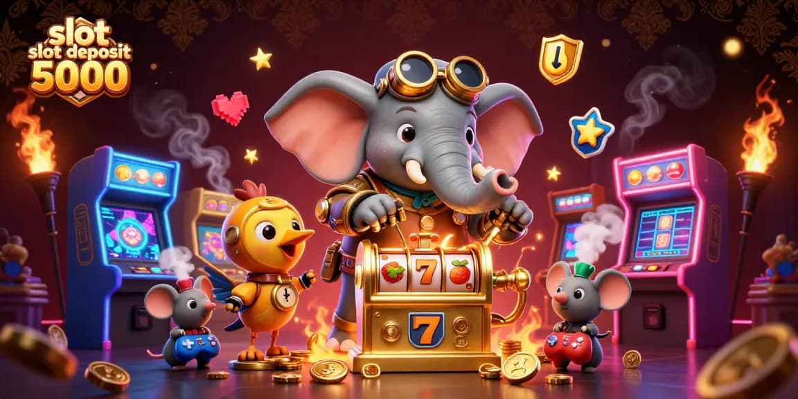 Menangkan slot deposit 5000 dengan mesin slot emas dan elemen kasino penuh warna.