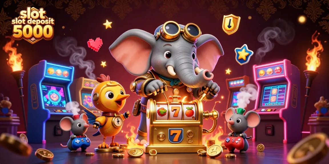Menangkan slot deposit 5000 dengan mesin slot emas dan elemen kasino penuh warna.