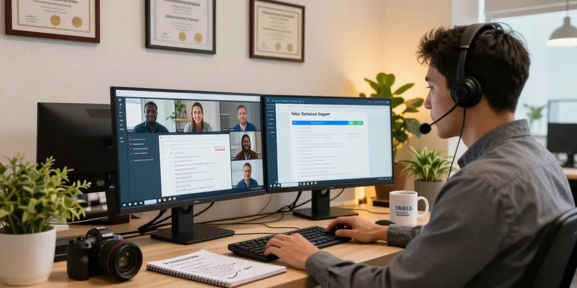 Customer service representative providing Telus-Technical-Support in modern workspace.