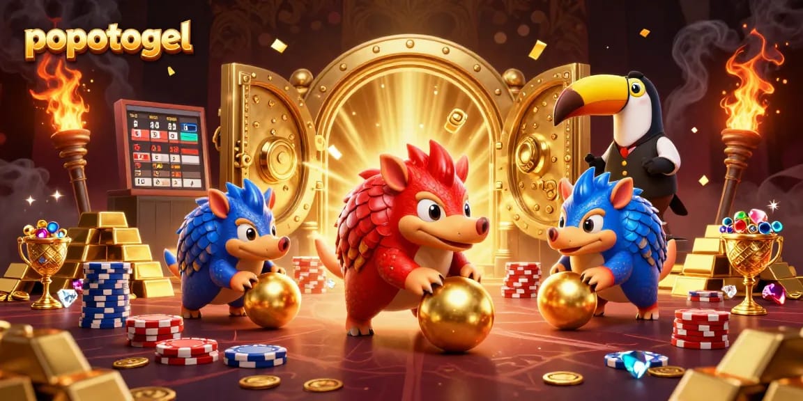 Experience the excitement of popotogel with pangolins bowling through poker chips in a vibrant casino scene.