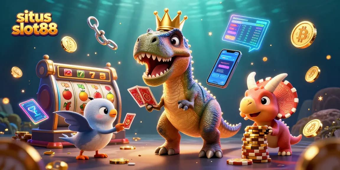 Rasakan sensasi bermain di situs slot88 dengan ilustrasi 3D menarik dari karakter slot dan koin yang bersinar.