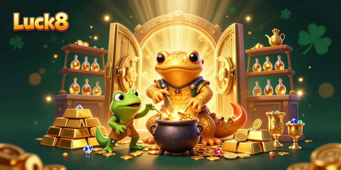 Experience the thrill of winning with Luck8 in this vibrant casino-themed illustration featuring gold coins and jewels.