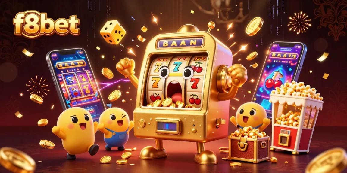 Exciting f8bet scene with a golden slot machine celebrating its jackpot amidst coins and casino elements.