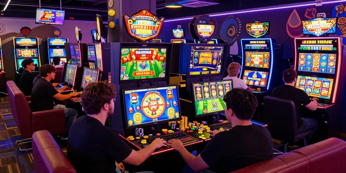 Exciting gaming lounge scene with players enjoying slot deposit 1k games and vibrant visuals in a lively atmosphere.
