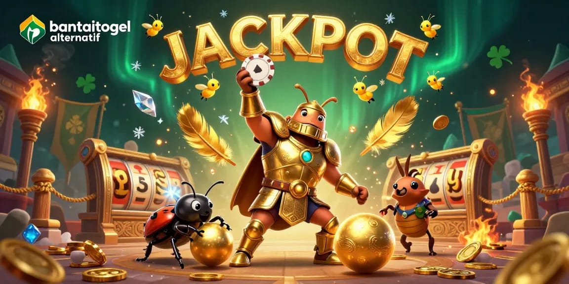 Experience the thrilling bantaitogel alternatif scene showcasing victory with slot reels and vibrant colors.