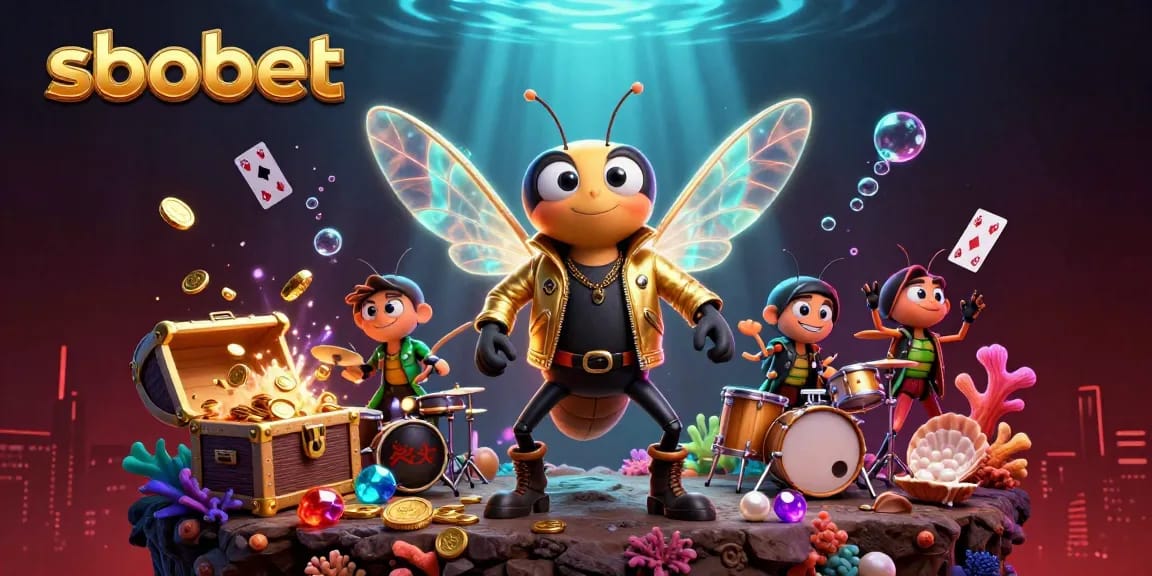 SBOBET offers vibrant casino excitement with a rock star theme showcasing gold coins and colorful gems.