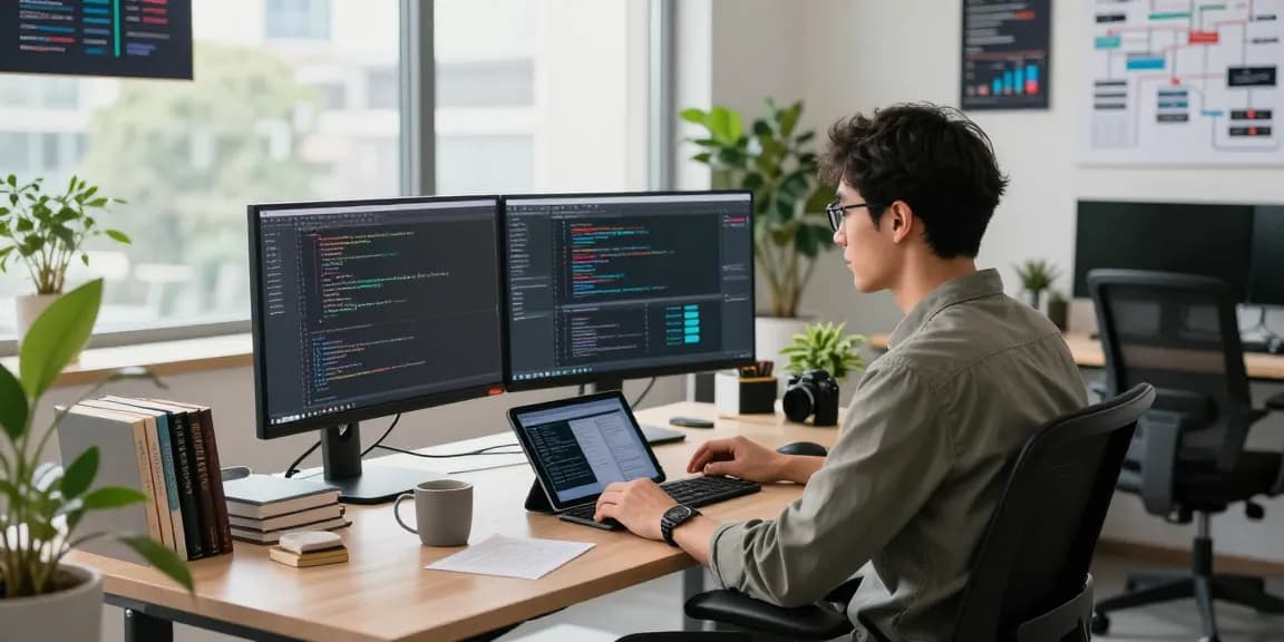 Developer coding at a multi-screen setup in a modern workspace featuring telegraimin.com elements.