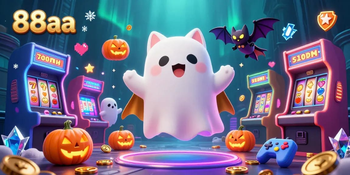 Experience thrilling gameplay at 88aa with a vivid haunted casino scene brimming with slot machines and glowing elements.