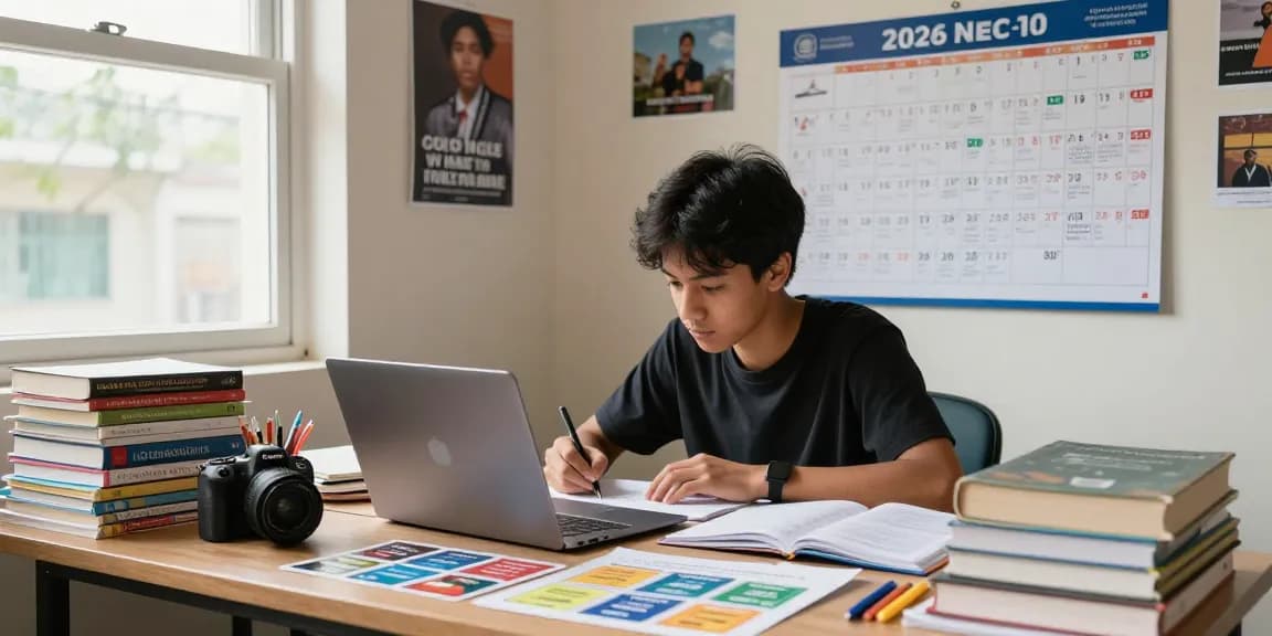 Student focusing on the 2026 neco timetable while studying in a bright home study, surrounded by textbooks and stationery.
