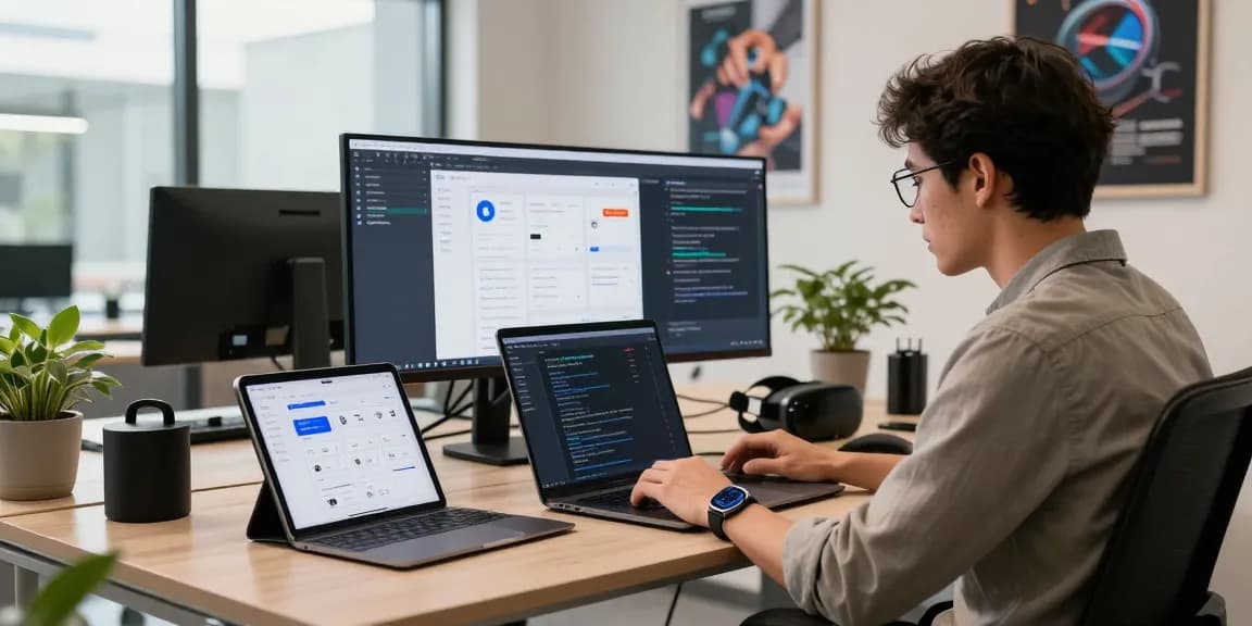Mobile app development services in a dynamic tech office with a developer coding on a laptop.