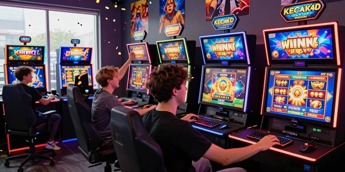 Player winning on KECAK4D online slot machine, vibrant gaming environment with colorful graphics.