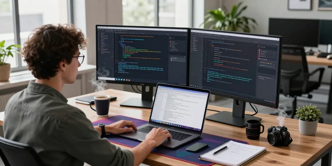 Developer coding 纸飞机中文版 app in a modern tech workspace with dual monitors and natural light.