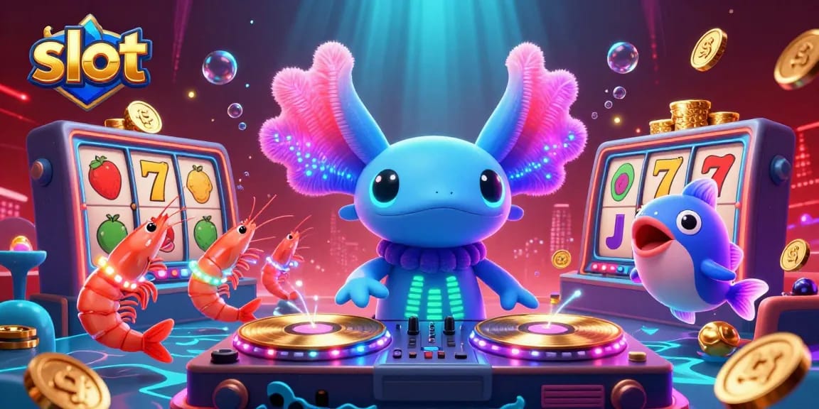 Engaging scene of slot-themed fun with a DJ axolotl spinning reels, bursting with vibrant casino elements.