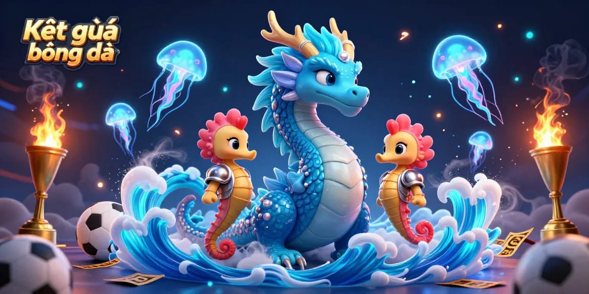 Engage with Kết quả bóng đá using dynamic betting elements surrounding a cartoon dragon and seahorse knight.