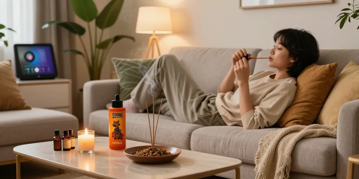A cozy living room scene showcasing a person relaxing while buying Scooby Snax herbal incense, surrounded by calming candles and plants.