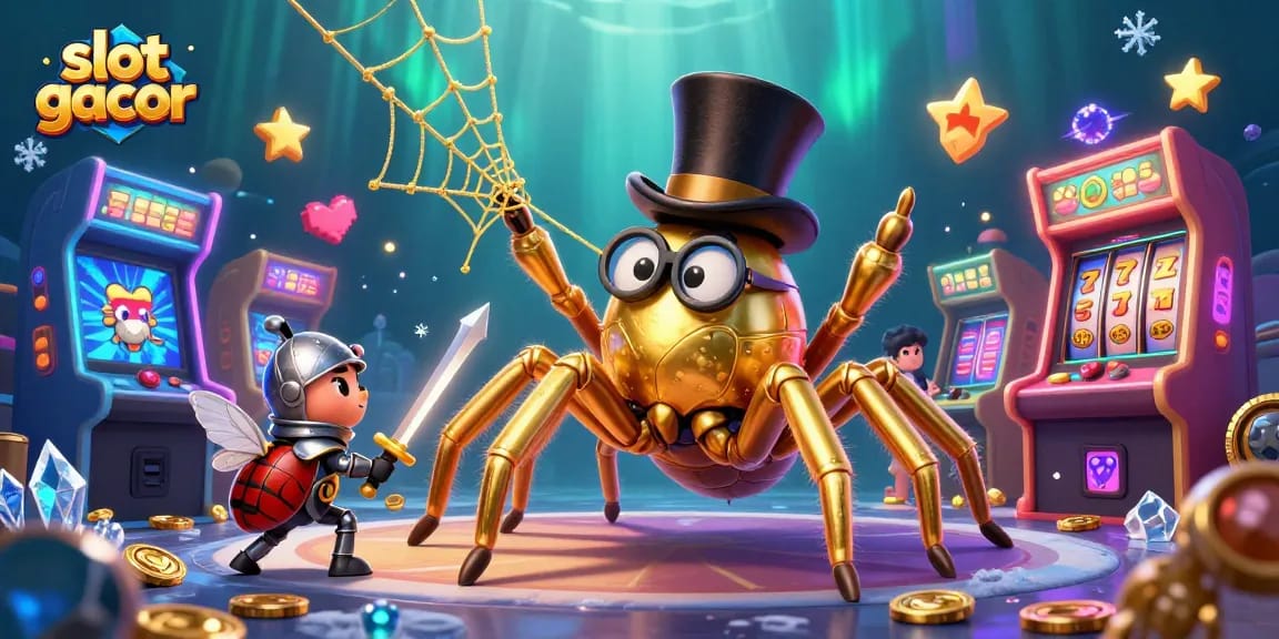 Engage with thrilling slot gacor gameplay showcased by a giant tarantula and beetle knight.