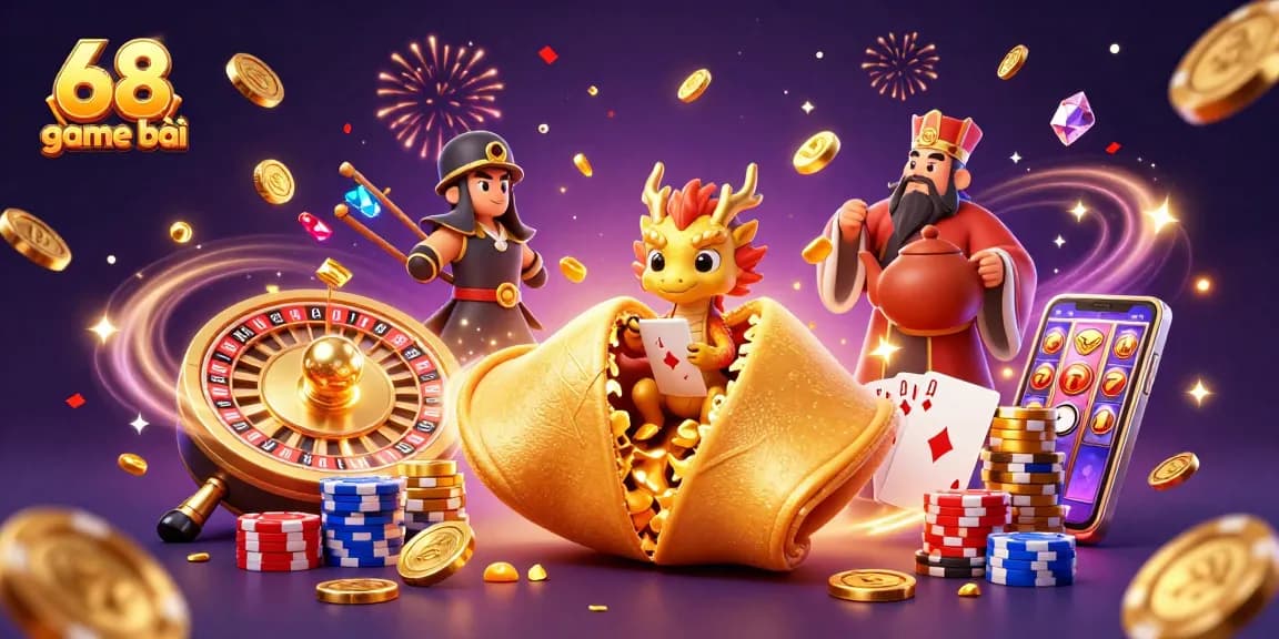 Experience winning thrills at 68 game bài with vibrant 3D casino elements and characters celebrating fortune.