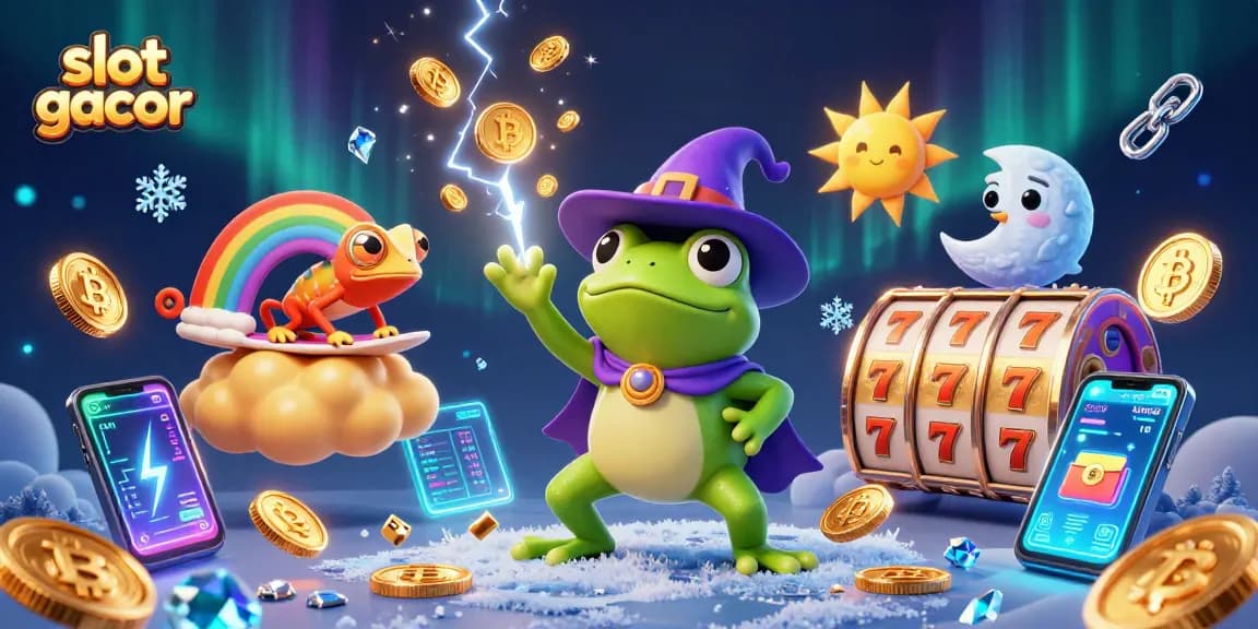 Experience the thrill of slot gacor with our vibrant illustration featuring a weather wizard frog and colorful characters amidst golden coins.
