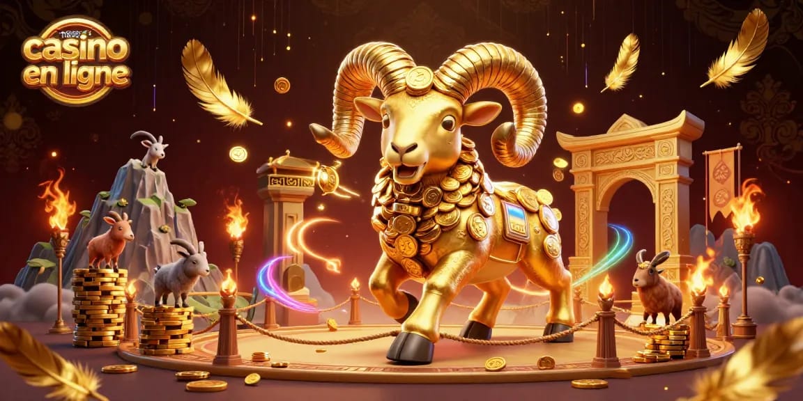 Célébrez le meilleur casino en ligne avec une illustration dynamique d'un bélier doré charmant défiant un portail doré, illustrant l'énergie et l'excitation du jeu.