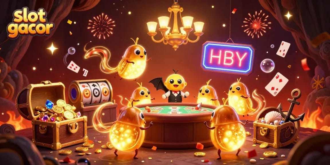 Experience slot gacor with a vibrant 3D casino scene featuring glowworms and dynamic gaming elements.