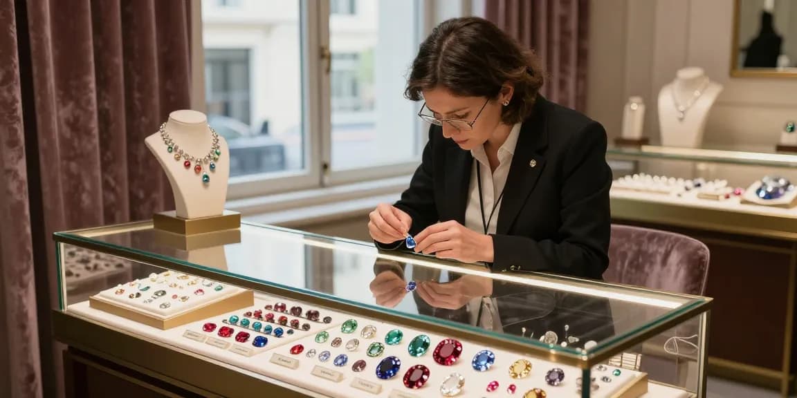 A gemologist at My Gem Spot analyzing stunning gemstones in an elegant boutique.