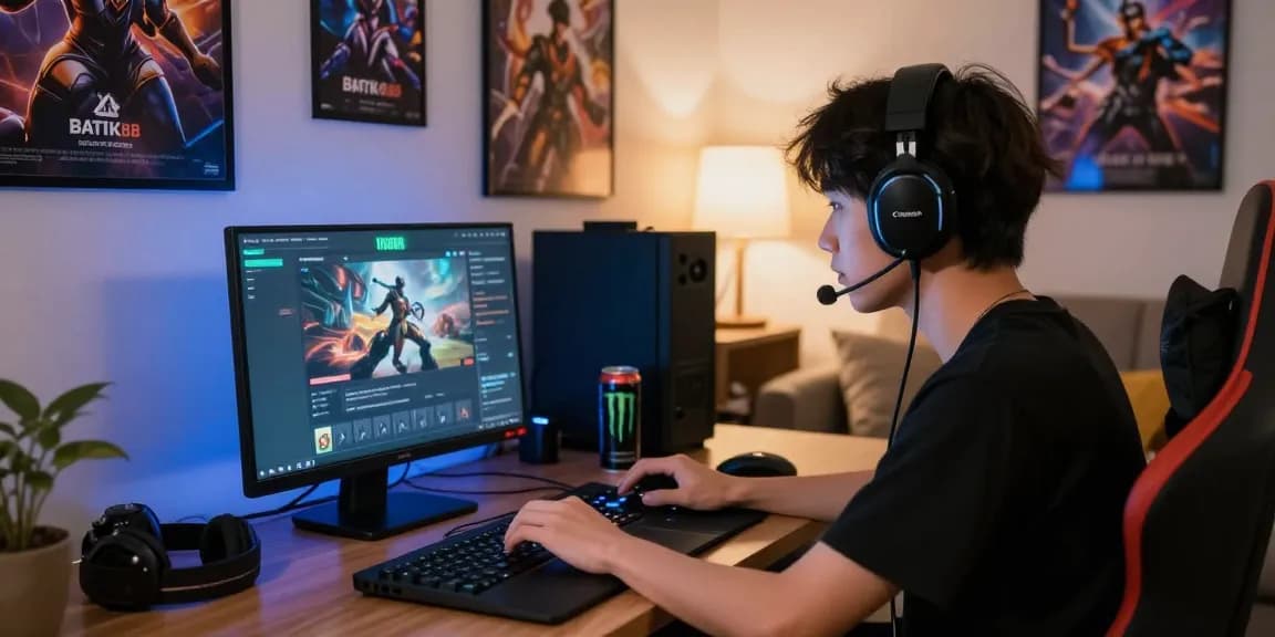 Pengguna berfokus pada BATIK88 GACOR dengan laptop di lingkungan gaming yang modern dan nyaman.