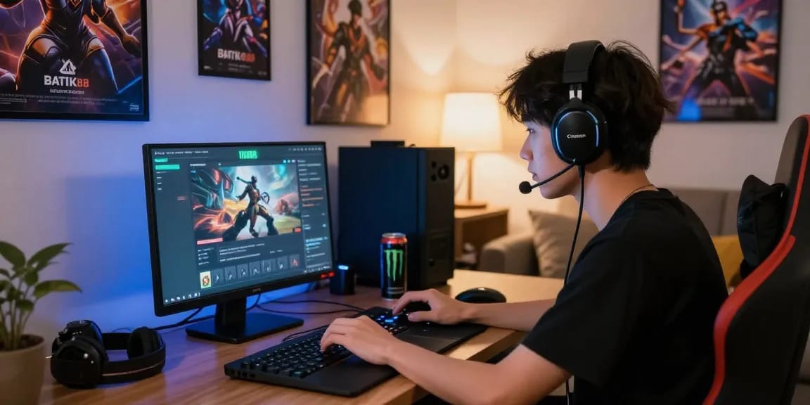 Pengguna berfokus pada BATIK88 GACOR dengan laptop di lingkungan gaming yang modern dan nyaman.