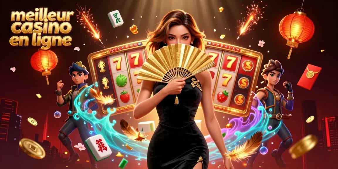 Découvrez le meilleur casino en ligne mettant en avant des éléments 3D vibrants et une femme asiatique captivante.