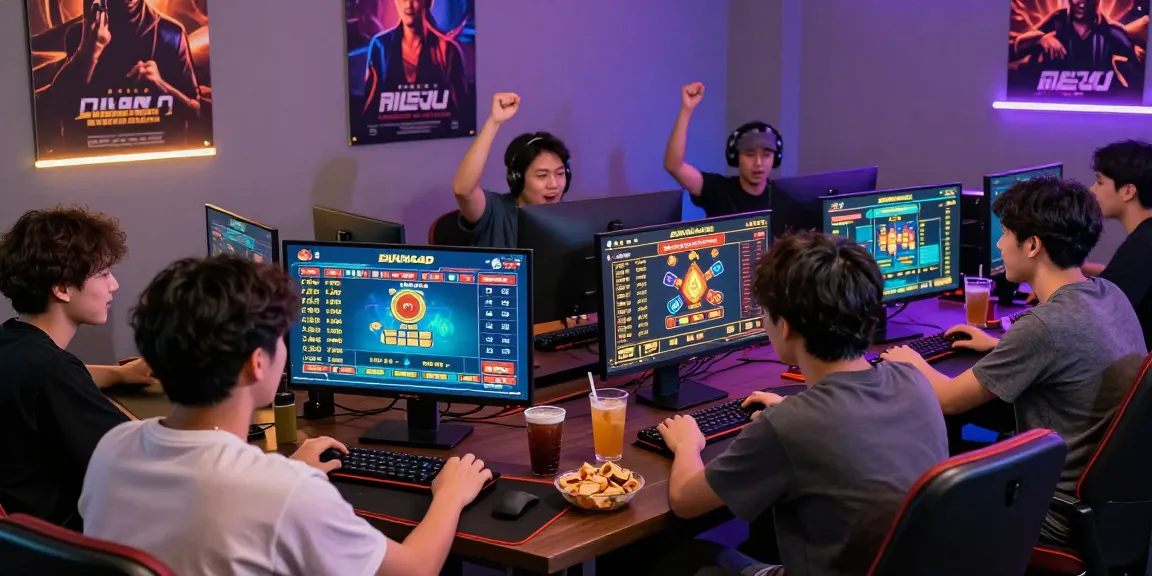 Pemain bersemangat sedang berpartisipasi dalam togel DIANA4D dengan komputer dan makanan ringan di meja.