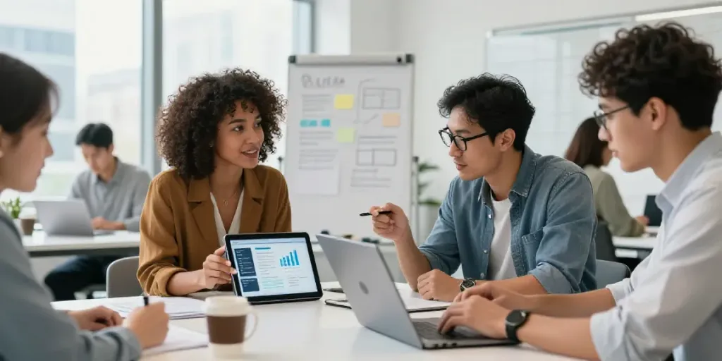 Marketing team collaborating on AI tools for marketing copy in a modern office