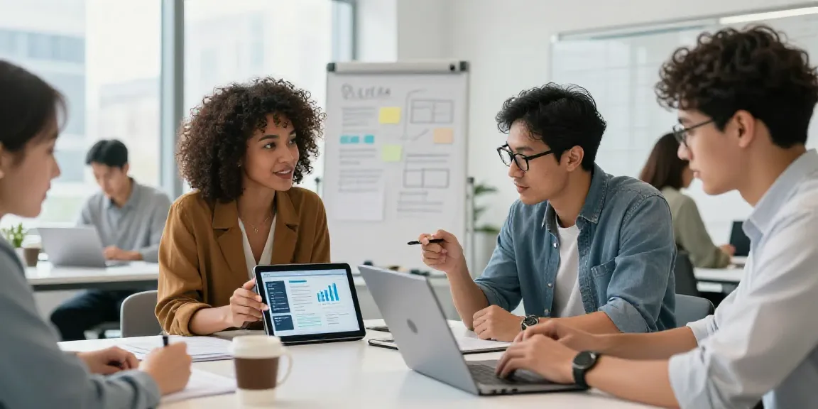 Marketing team collaborating on AI tools for marketing copy in a modern office