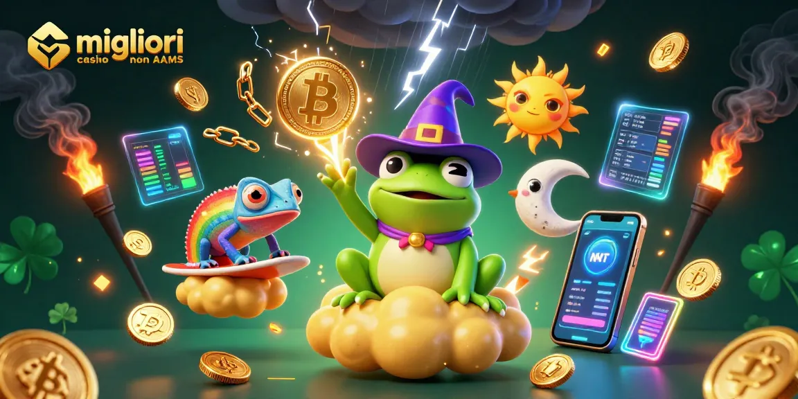 Migliori casino non AAMS che brillano in una scena dinamica in 3D piena di monete d'oro ed elementi cripto.