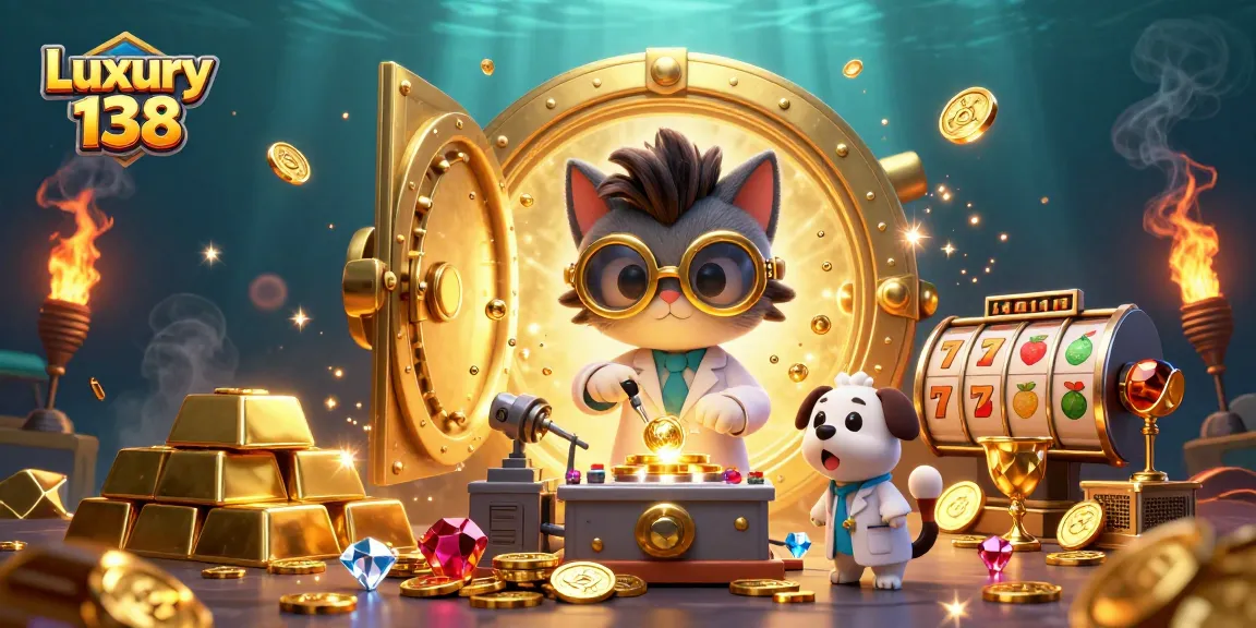 Experience the thrill of Luxury 138 as the mad scientist cat conjures riches in a vibrant casino scene.