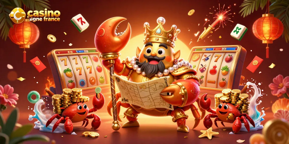 Visuels captivants d'un casino en ligne France incluant un crabe doré et des éléments de jeux.