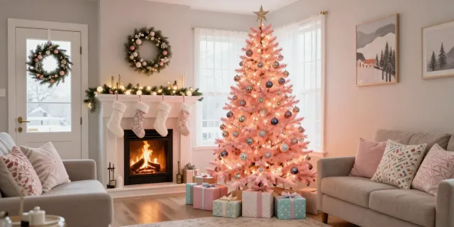 A charming light pink Christmas tree adorned with ornaments and lights in a cozy living room setting, creating a festive atmosphere.