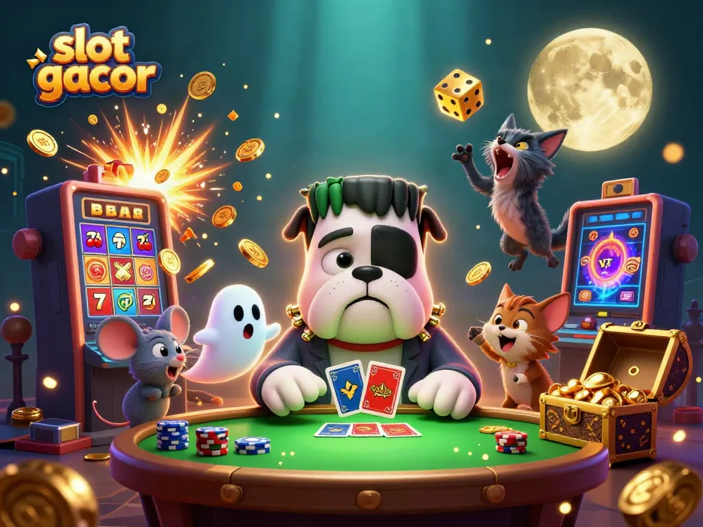 Experience thrilling slot gacor action with animated characters dealing cards and showcasing big wins at an online casino.