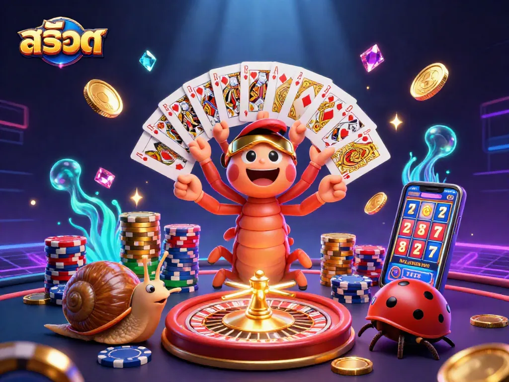 เล่นสล็อตออนไลน์ที่น่าตื่นเต้นกับ dealer 3D หมึกที่มีมือเล็กน้อยและเหรียญทองที่ลอยอยู่