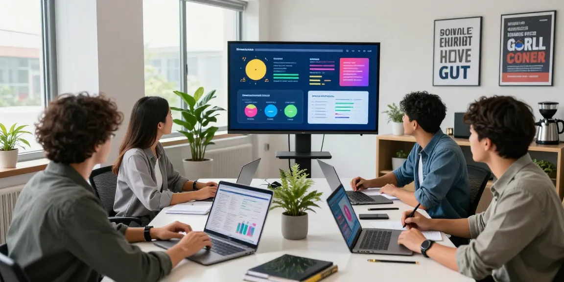 Team collaboration at https://raja328.com/ marketing workspace with laptops, analytics reports, and presentations