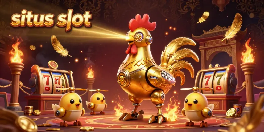 Engage with situs slot through a vibrant 3D illustration of a golden rooster robot and chick drones in a casino.
