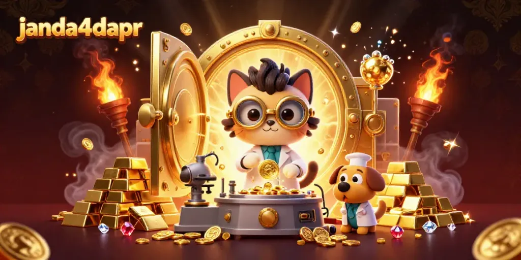Rasakan keseruan bermain di janda4dapr dengan kucing ilmuwan lucu menciptakan mesin koin emas.
