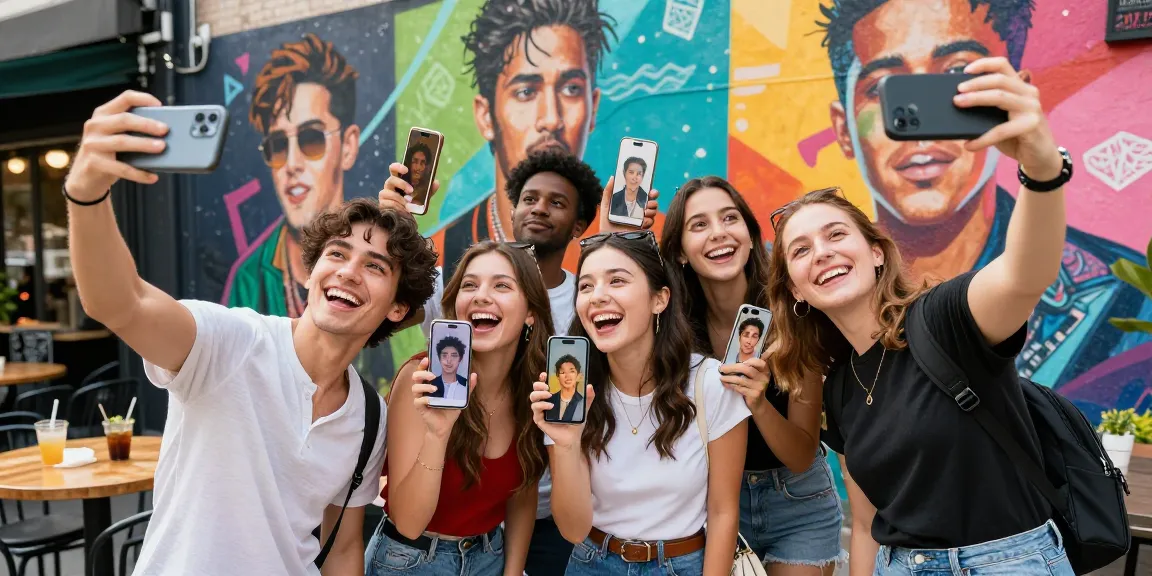 Friends laughing while discovering who they look like celebrities with an AI app in a vibrant urban setting.