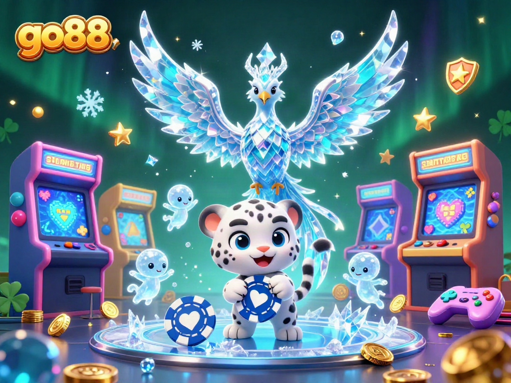 Experience go88's thrilling casino adventure with an ice phoenix, poker chip, and playful sprites.