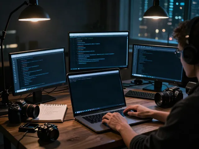 Exploring the hidden wiki 1 in a dimly lit tech space, with multiple monitors showing .onion links and VPN software.